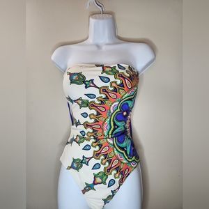 TRINA TURK KASBAH LACE-BACK ONE PIECE Swimsuit 10 Halter Strapless